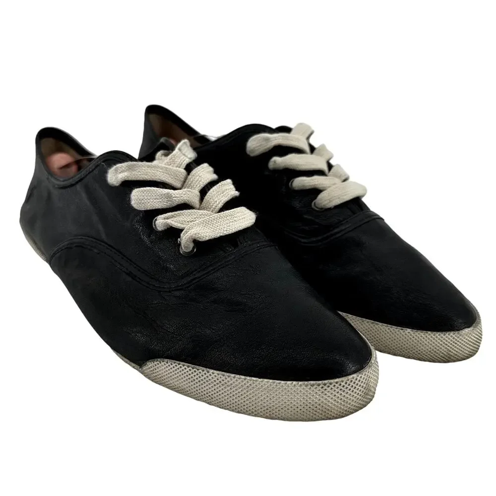 Frye Melanie Sneakers Antique Leather Low Top Lace Up Almond Toe Black 10M